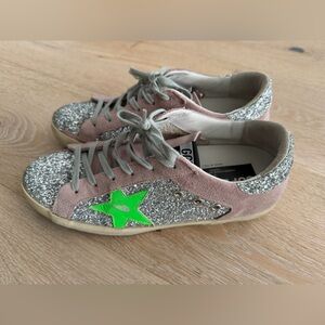 Golden Goose Superstar Glittered Sneakers with Neon Green Star